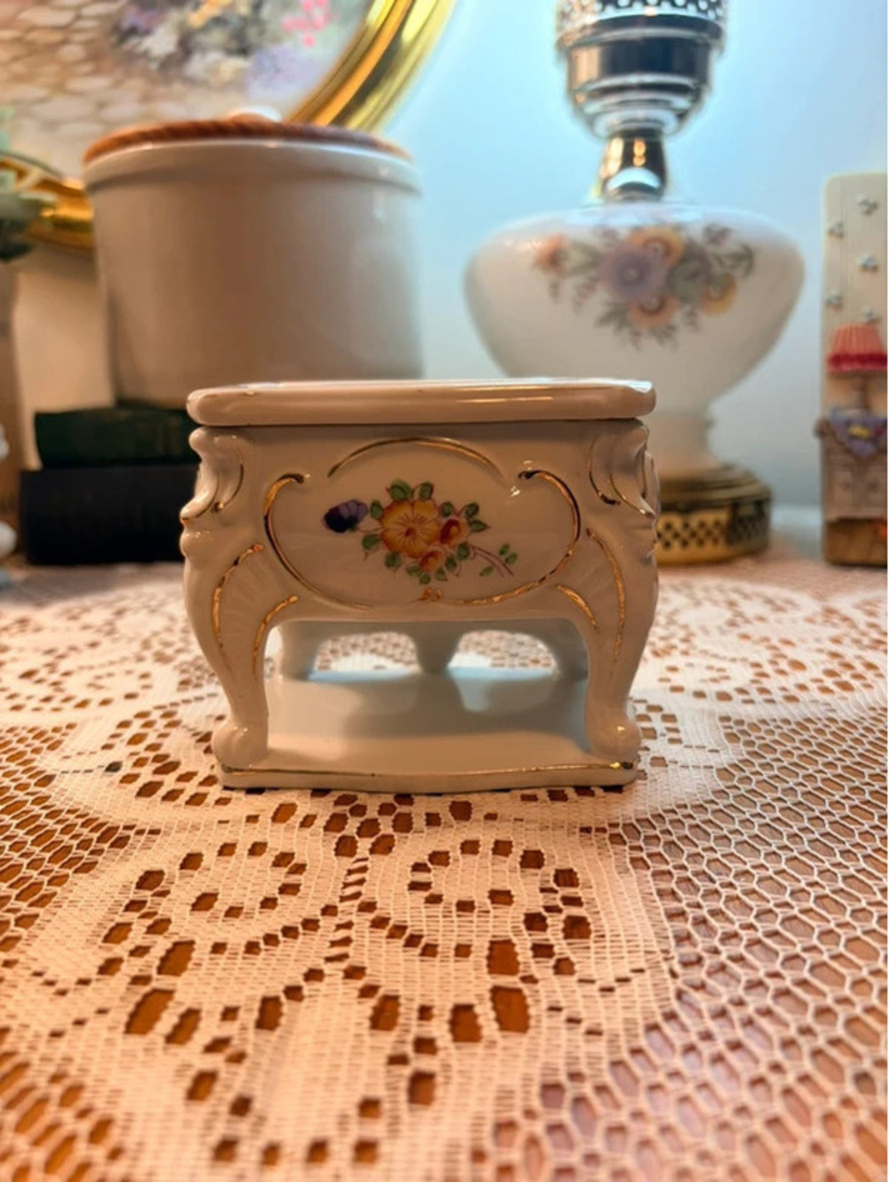 Vintage Nippon Japan Porcelain Trinket Dish Jewelry Holder Floral Gold Trim